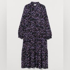 H&M Black Floral Midi Dress with Purple Print